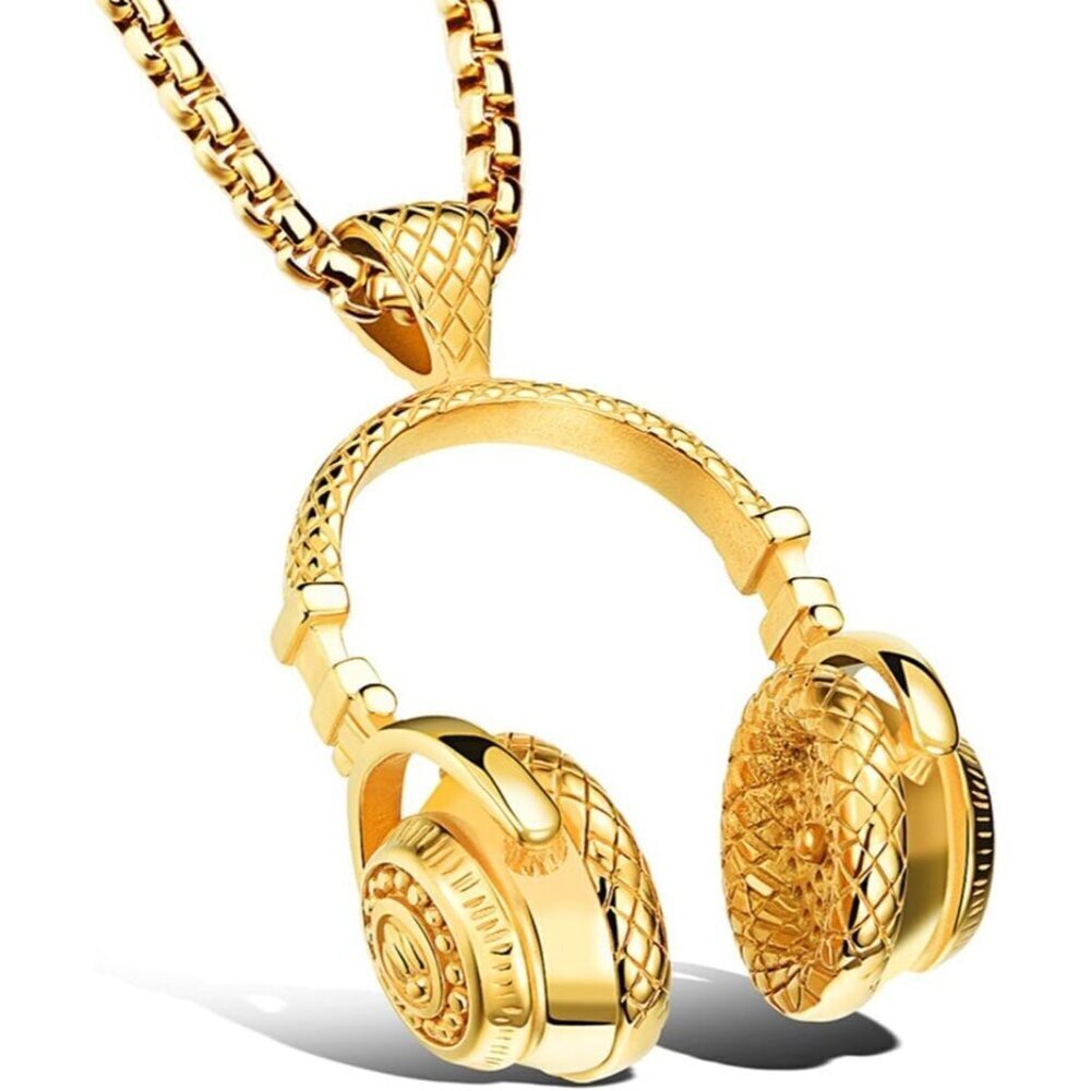 New Gold Stainless Steel Headphone Pendant Necklace for Men | DJ Music Gift